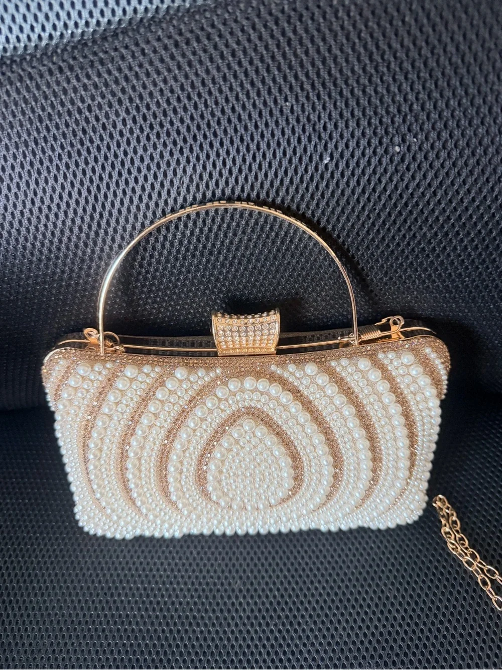 Pearl-Embellished Gold Evening Clutch